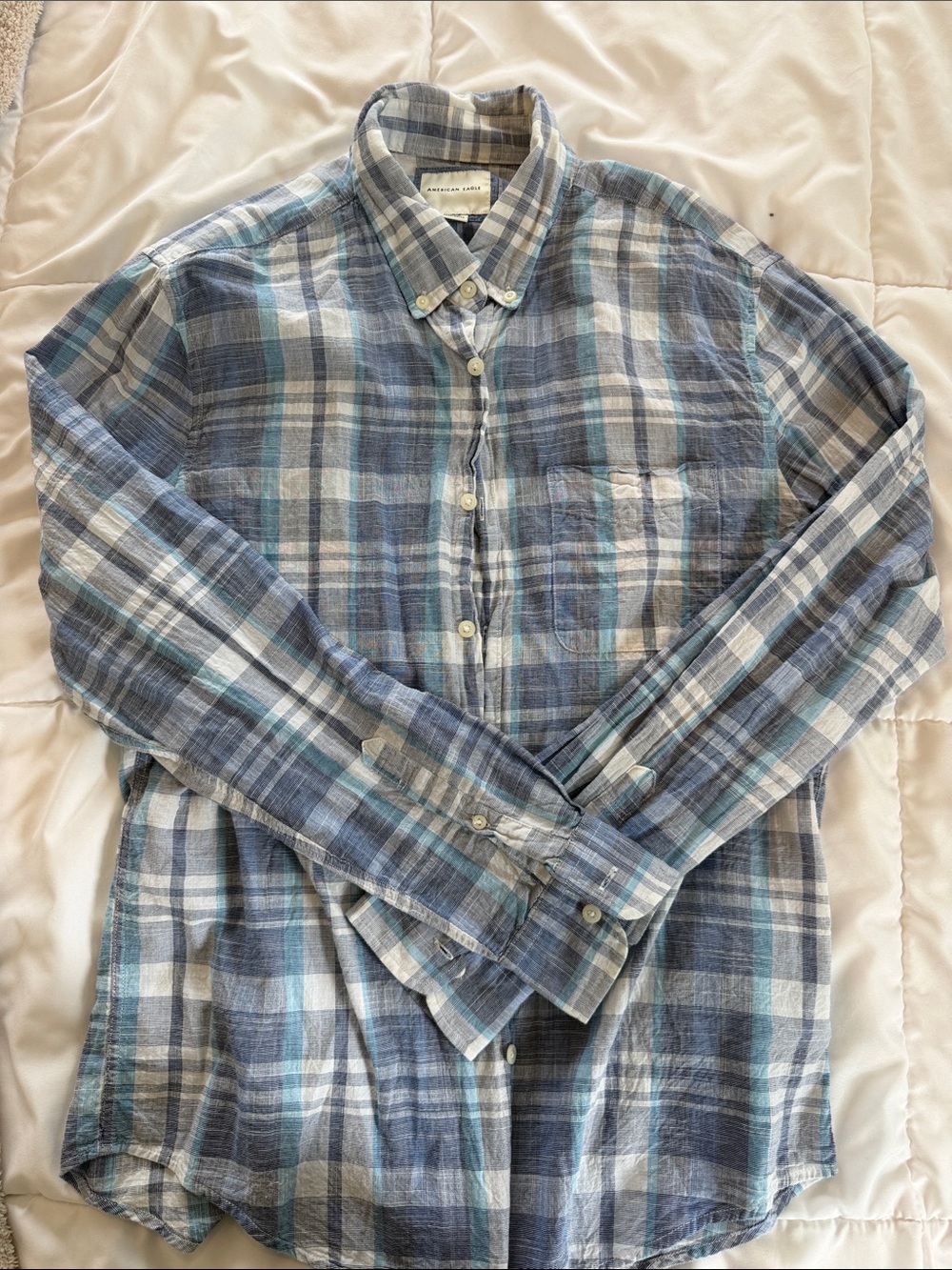 American Eagle Outfitters Blue Plaid Button-Down Shirt